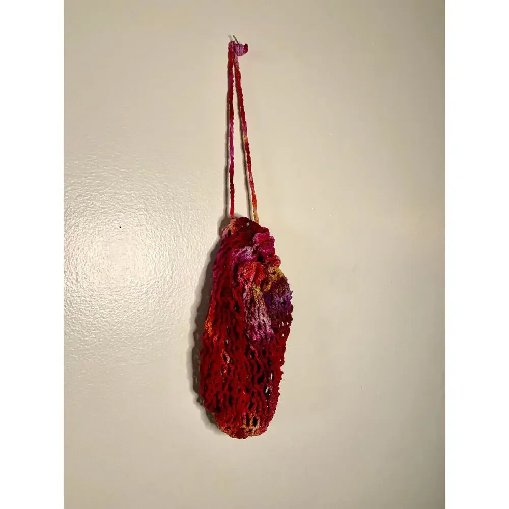 Vintage Crochet Drawstring Bag Hand Dyed Red Orange Purple Boho Mesh Fruit Sack